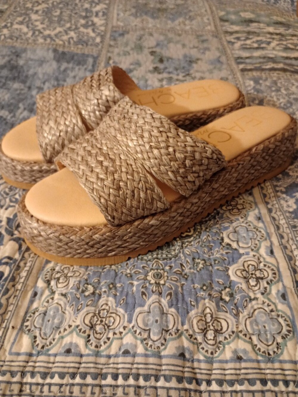 Boho Vegan Raffia Woven Platform Slide Sandals